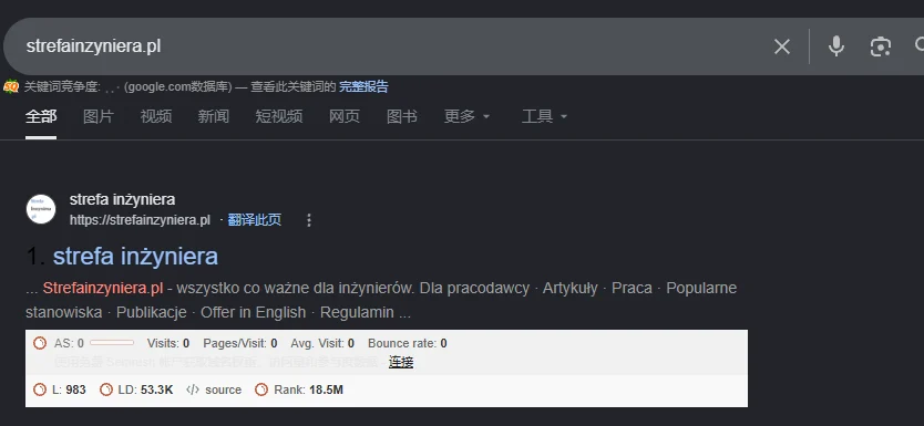 strefainzyniera.pl SEOquake截图，L 983，LD 53.3K，Rank 18.5M