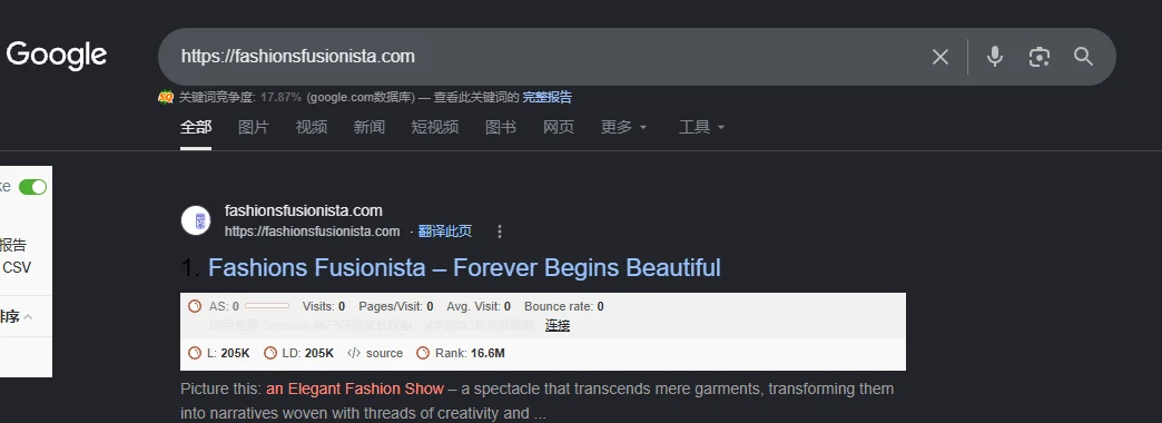 fashionsfusionista.com SEOquake截图，L 20.5K，LD 205K，Rank 16.6M