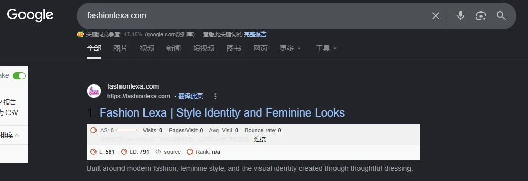 fashionlexa.com SEOquake截图，L 561，LD 791，Rank N/A