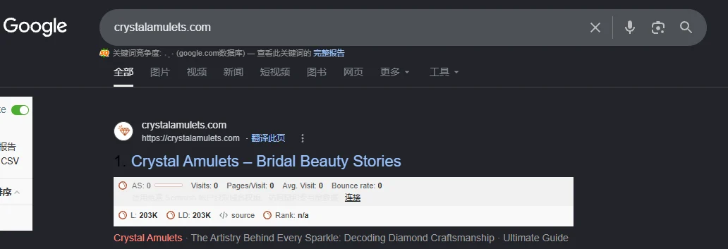 crystalamulets.com SEOquake截图，L 203K，LD 203K，Rank N/A