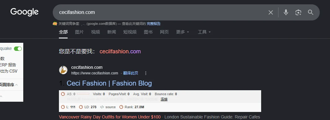 cecifashion.com SEOquake截图，L 111，LD 278，Rank 27.8M